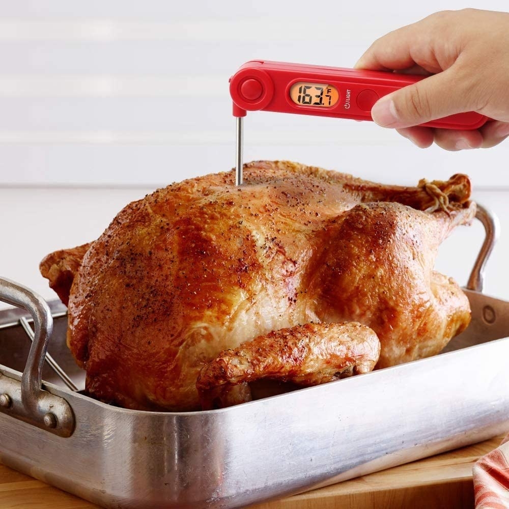 A meat thermometer reads the temperature of a chicken