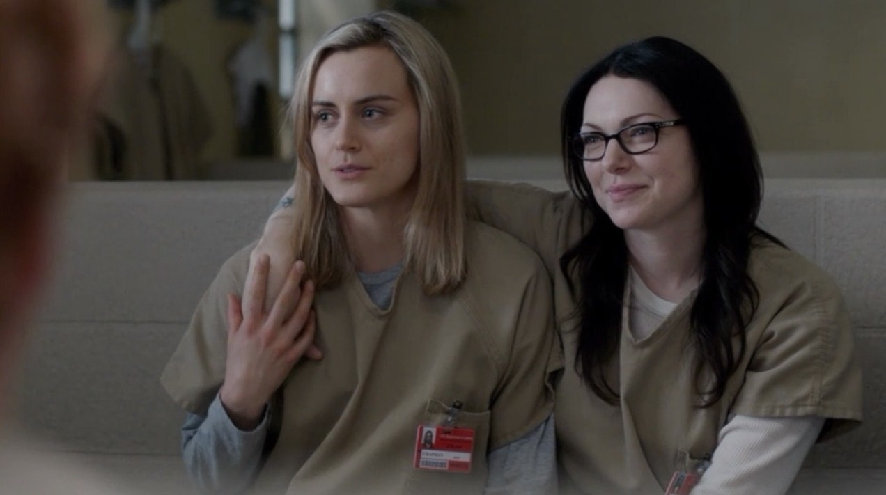 &quot;Orange is the New Black&quot; characters Piper and Alex sitting next to each other in their jail uniforms