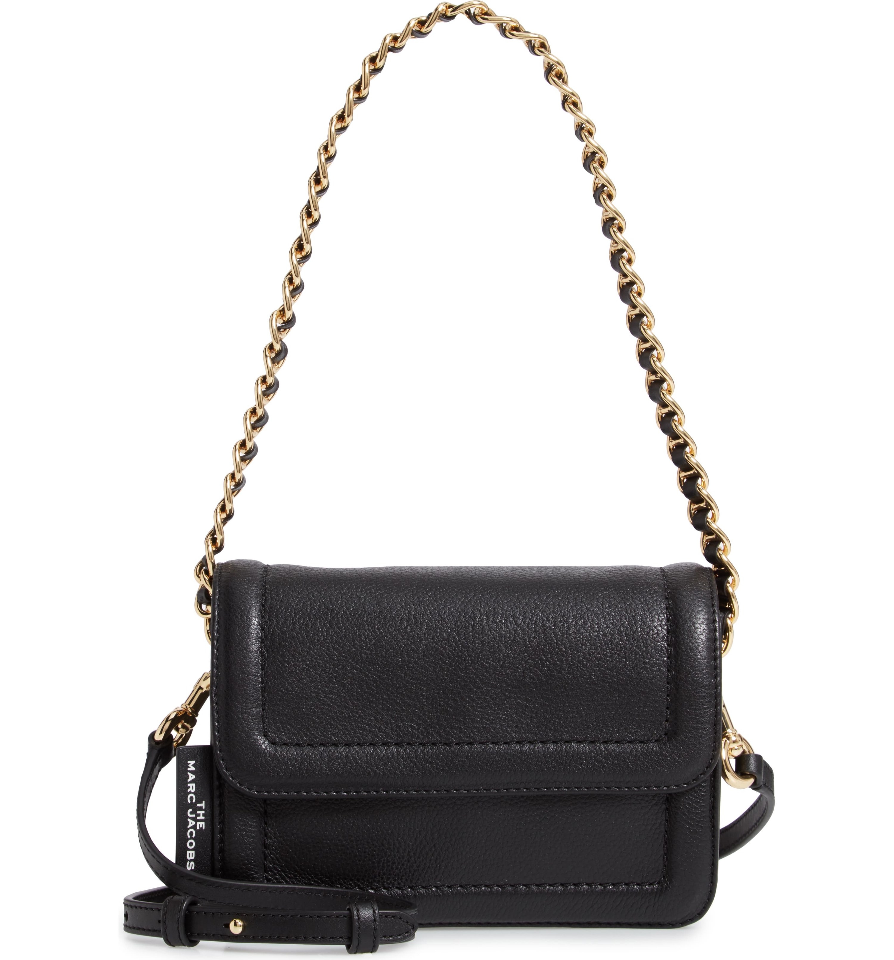 the black purse with a gold chain strap