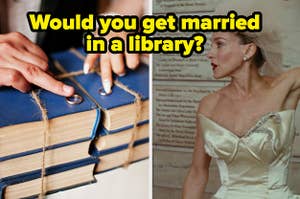 A couple gets married at a wedding on the left with Carrie Bradshaw in a wedding dress on the right labeled, "Would you get married in a library?"