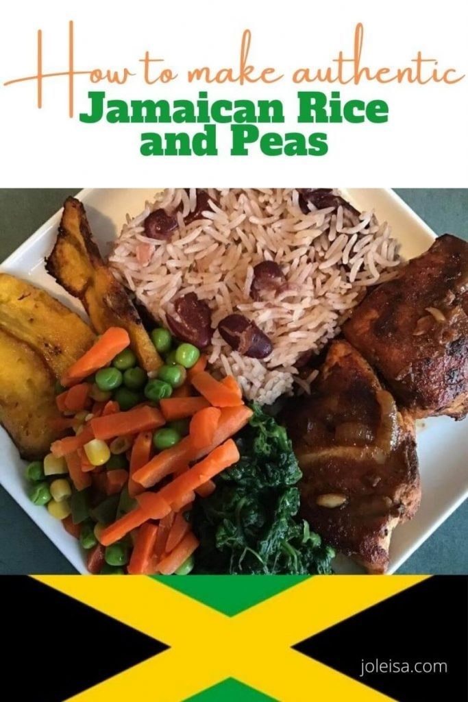 A plate of Jamaican rices and kidney beans servied with leafy greens, carrots, peas, and plantains.