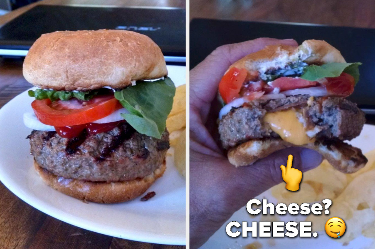 the left side shows a burger with tomatoes, lettuce, onions, and ketchup and the right side is the same burger with a bite taken out of it; there&#x27;s cheese spilling from inside of the burger