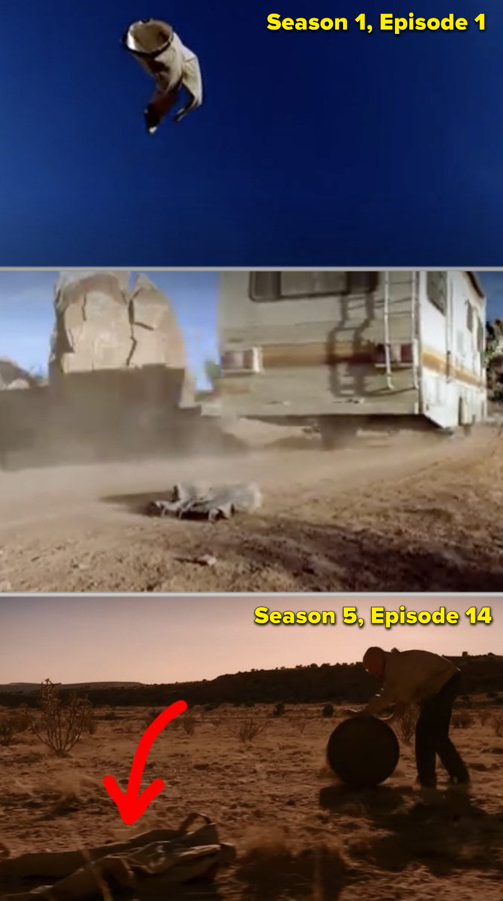 Side-by-sides of Walter White&#x27;s pants flying through the air in the pilot episode, vs. him walking by those same pants in the desert five years later