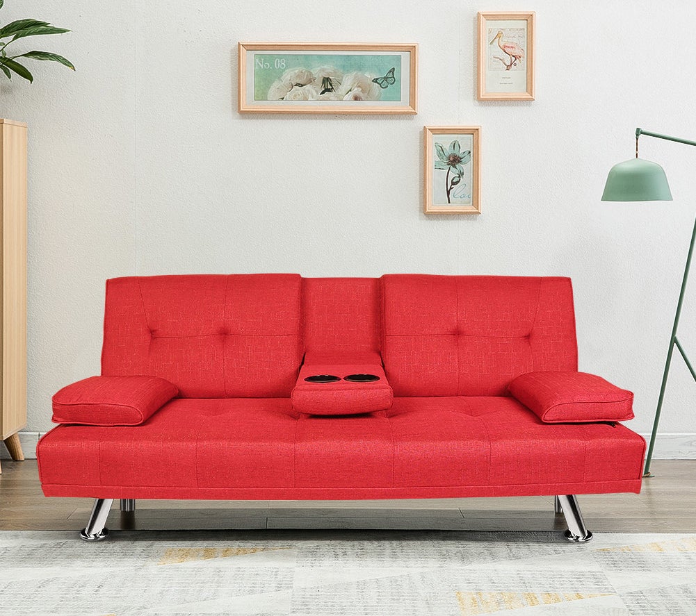 Red couch with cup holders and silver legs