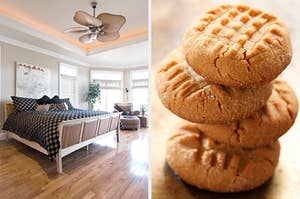 On the left, a master bedroom with wood floors, a bed, an armchair in the corners, and a ceiling fan, and on the right, a stack of peanut butter cookies