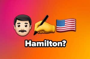 一个男人的三个表情符号，一只手用笔的手和一条汉密尔顿的美国国旗写在下面