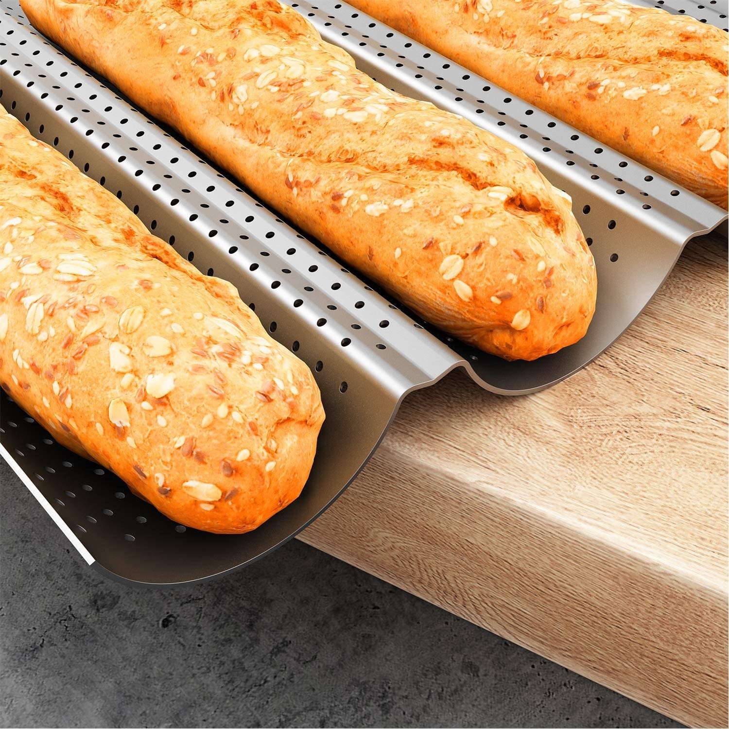 Baguettes resting in a baguette making pan