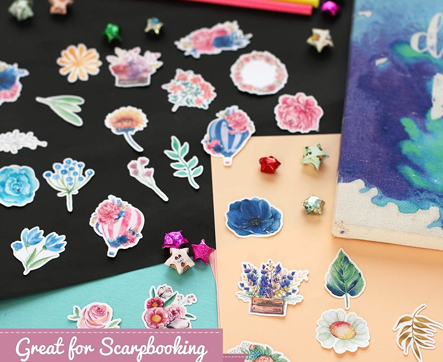 A variety of floral stickers spread on a table