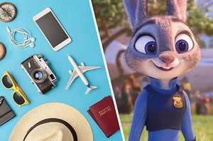 Judy smiles next to an image of headphones, a passport, a miniature airplane, and camera