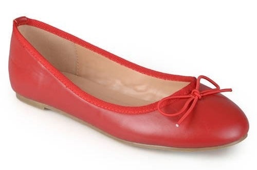 red round-toe ballet flats with bow