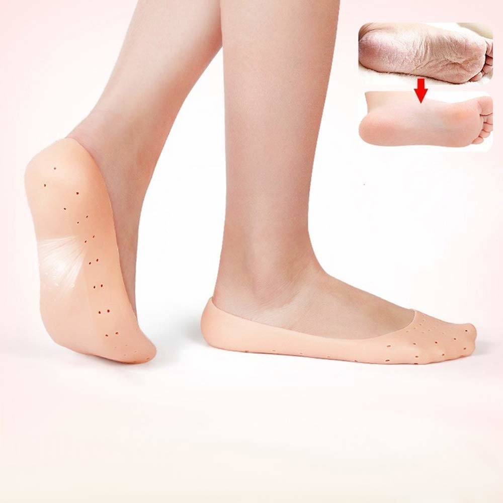 A person's feet in the silicone socks, and a picture on the right depicting transformation of heels after using the socks.