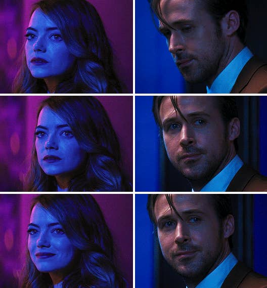 Mia and Sebastian looking at each other one last time in his jazz club at the end of the movie