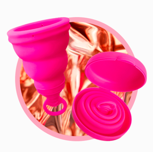 The pink cup with a removal loop at the bottom expanded, and one completely squished down into the thin round case