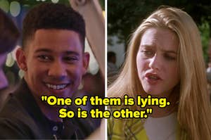 Bram from Love Simon on the left and Cher from Clueless on the right with the text "one of them is lying. so it the other" over them
