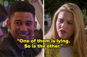 Bram from Love Simon on the left and Cher from Clueless on the right with the text "one of them is lying. so it the other" over them