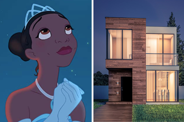 Tiana is on the left looking up at the stars with a modern, two-story house on the right