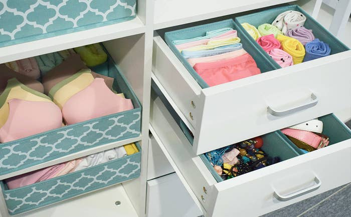 Several of the homyfort Clothes Drawer Organizer Dividers being used to organize clothes on shelves as well as in drawers