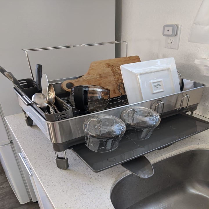 The same customer's dish rack from an angle showing the draining spout and tray