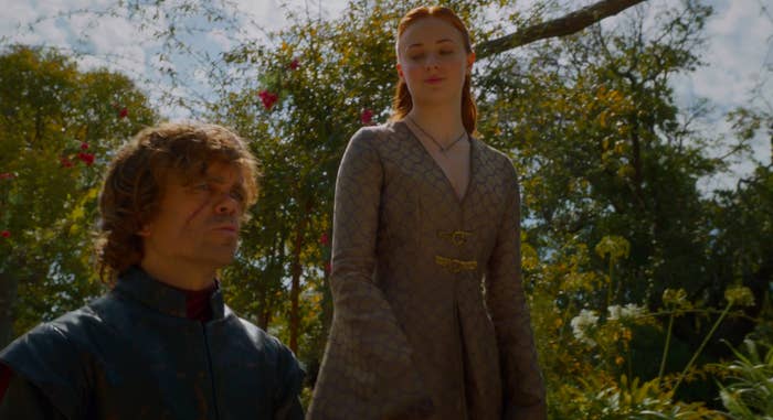 A still of Tyrion Lannister and Sansa Stark in Game of Thrones