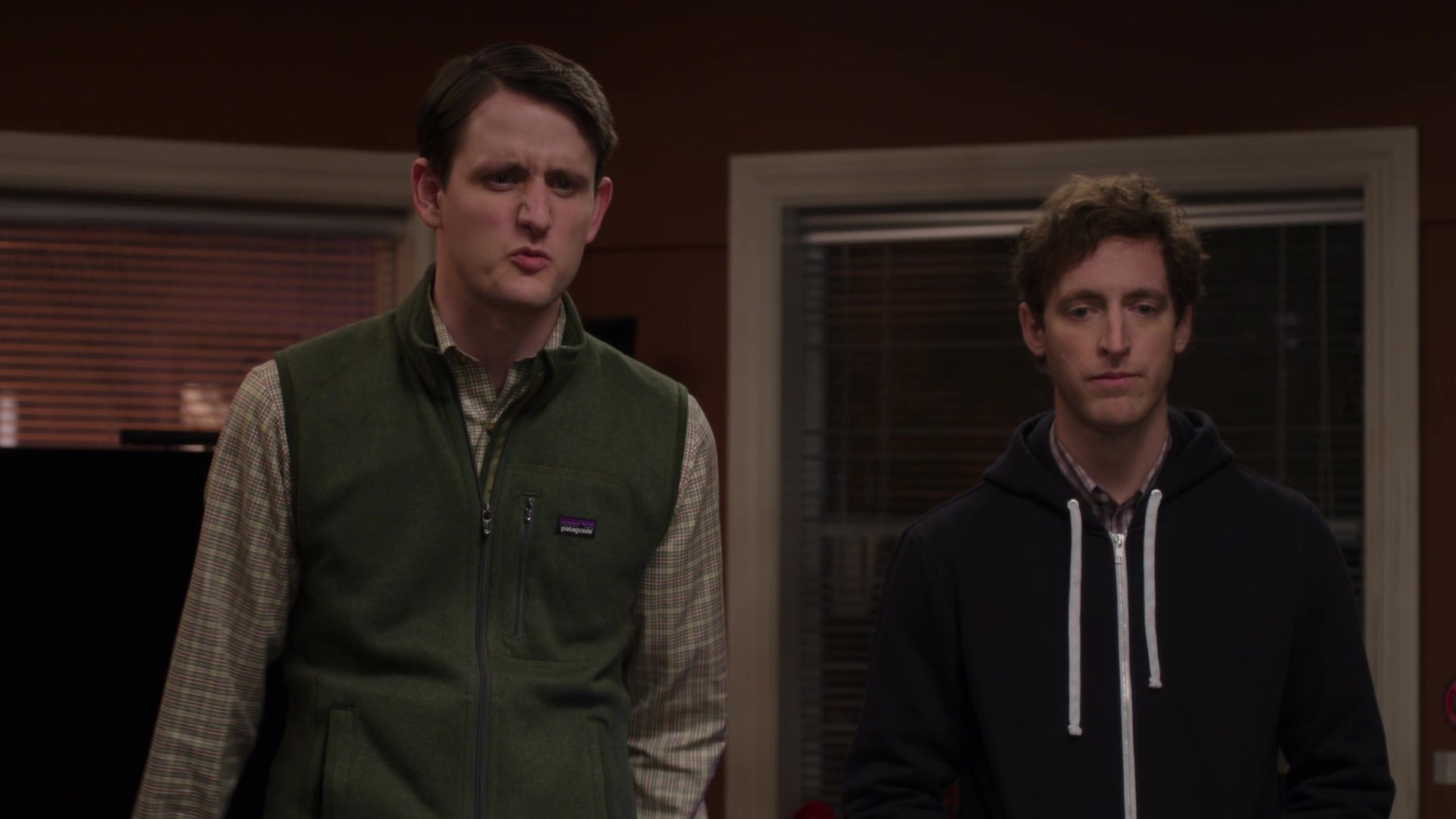 Jared — in a Patagonia power vest — and Richard — in a zip-up — taking to someone offscreen on &quot;Silicon Valley.&quot; 
