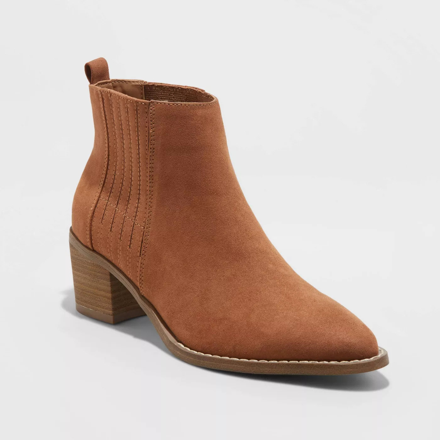 cognac faux suede bootie with a tan sole and heel