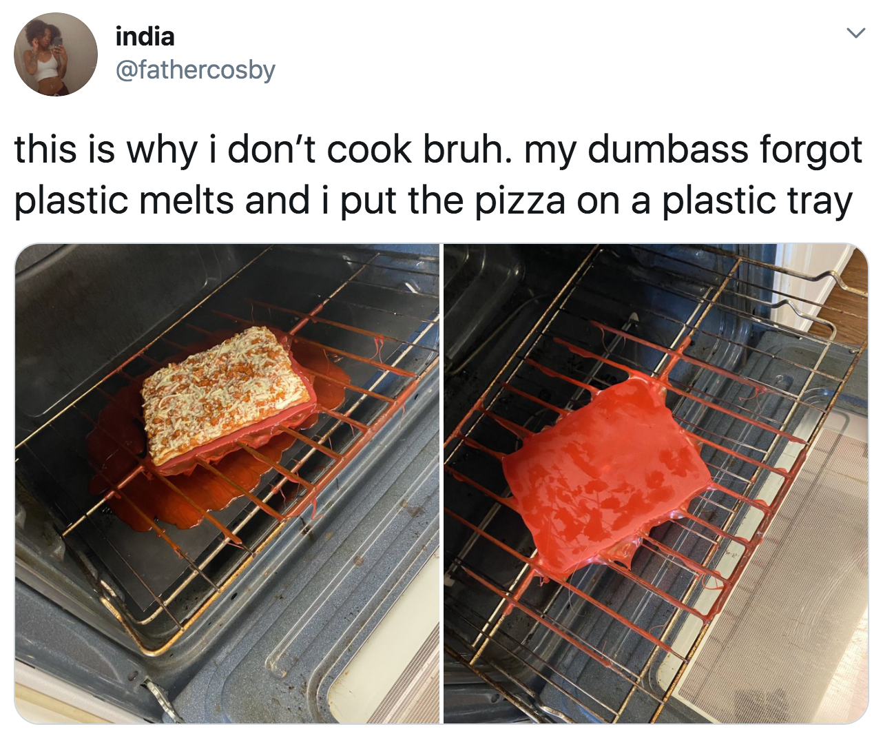 tweet reading this is why i don&#x27;t cook bruh my dumbass forgot plastic melts and there&#x27;s a melted plastic tray