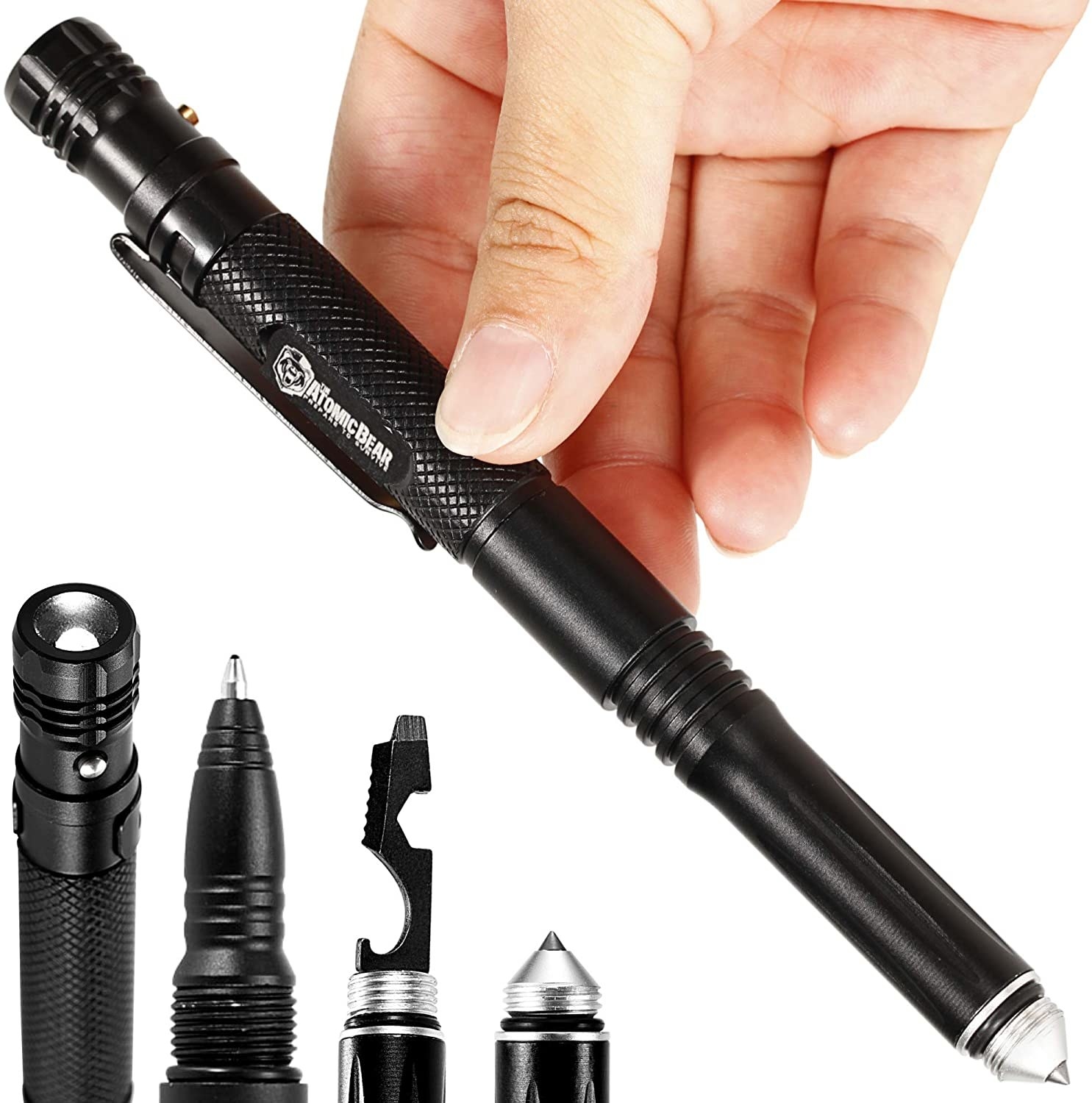 The tactical pen that comes with a flashlight, screwdriver, and car window breaker