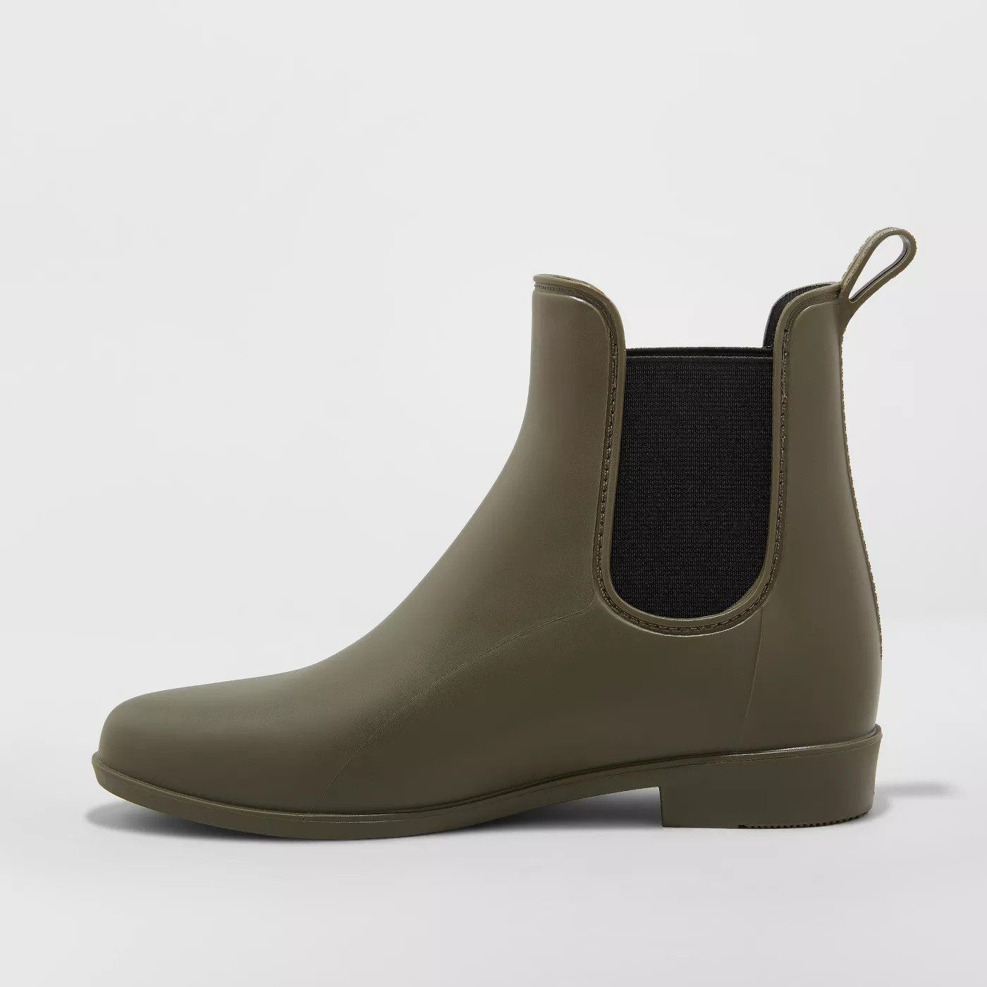 olive rubber chelsea boots with black elastic sides