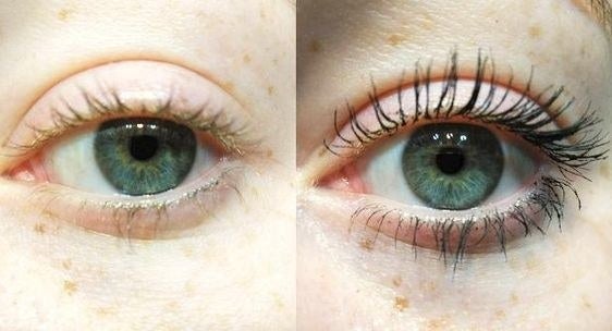 Reviewer's before-and-after of their natural light eyelashes, and then full lashes after mascara