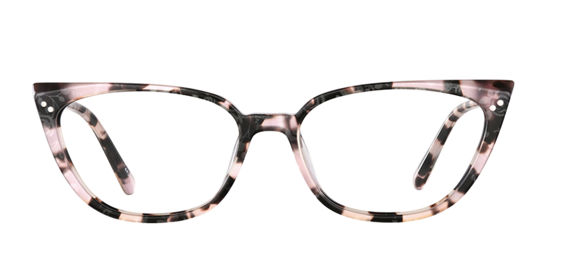 A pair of pink and black tortoise shell cat eye glasses 