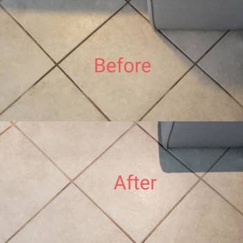 A before and after of a customer's tile floor where in the before, dirt is caked into the grout, and in the after picture, the grout is clean