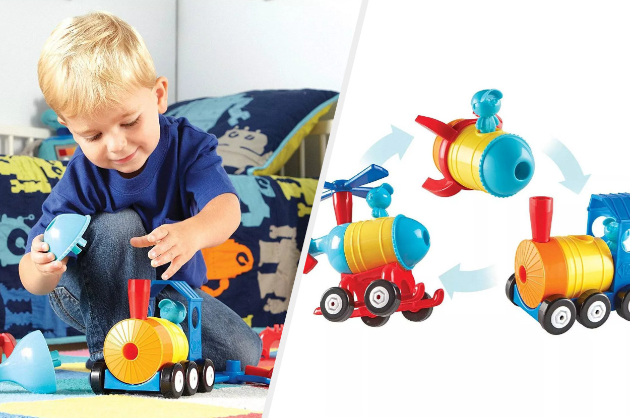 Split image of child model playing with a plastic toy train that also turns into a helicopter and a rocketship 