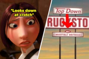 Colette from "Ratatouille" looks down at Linguini's crotch side-by-side with a billboard from "Cars" promising "Top Down All Convertible Waitresses"
