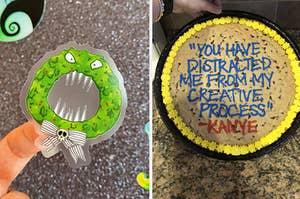 to the left: a nightmare before christmas sticker, to the right: a personalized cookie cake