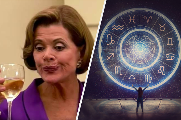A woman is on the left sipping a drink with a zodiac wheel on the right
