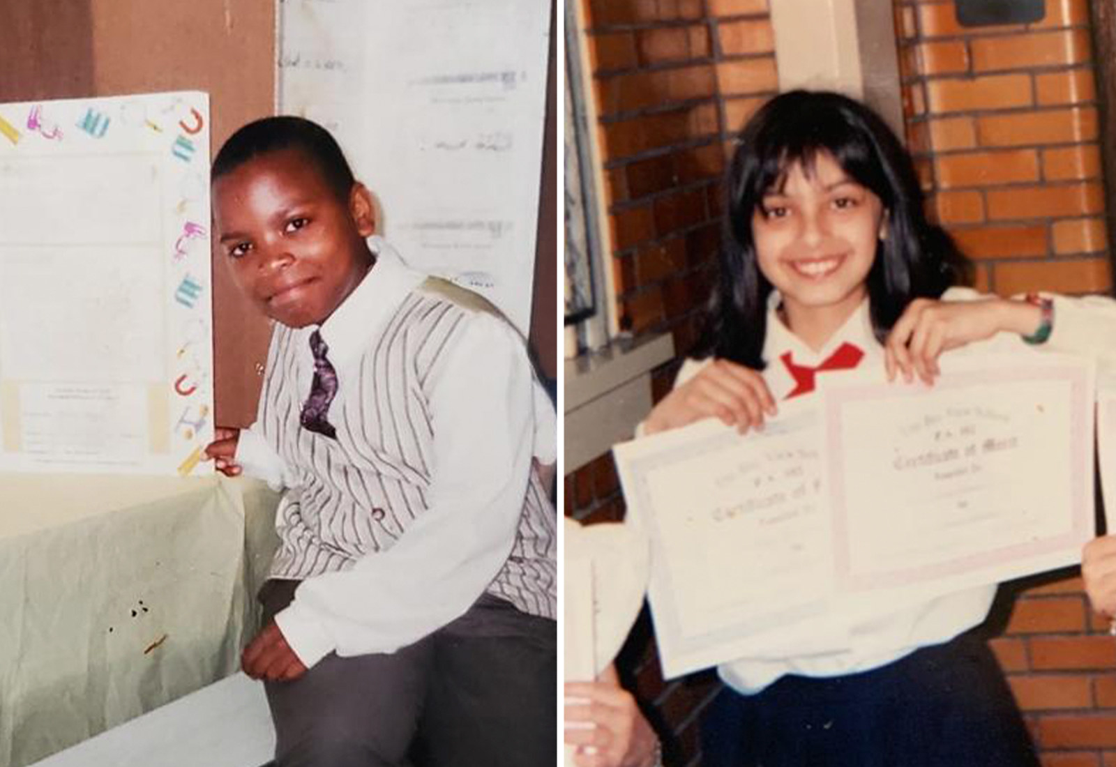 Right: Mattis smiles as a child; left: a young Rahman holds up two certificates