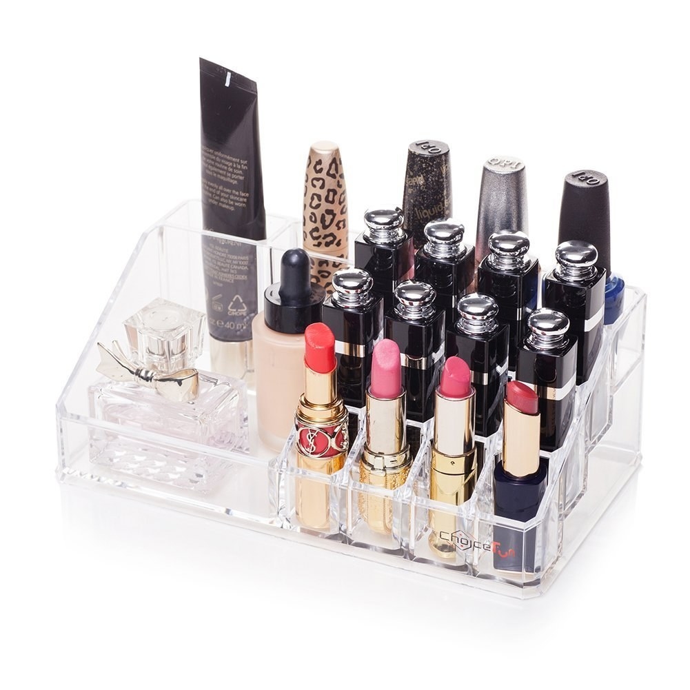 A variety of makeup products on display in the organiser.