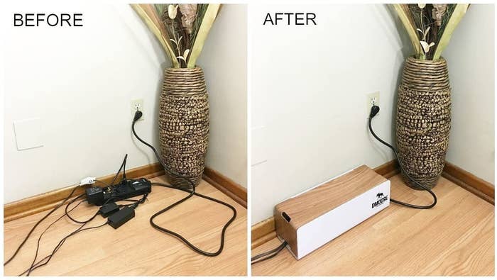 A before and after picture: on the left, a bunch of black cords tangled on the floor, and on the right, all those cords now nicely disguised in a light brown wood box with white sides. 