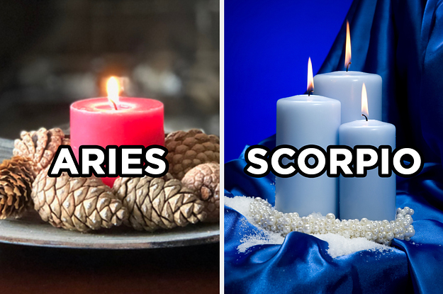 On the left, a lit candle surrounded by pinecones labeled