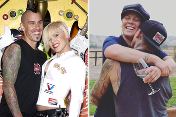 Pink and Carey Hart embracing each other at two separate events