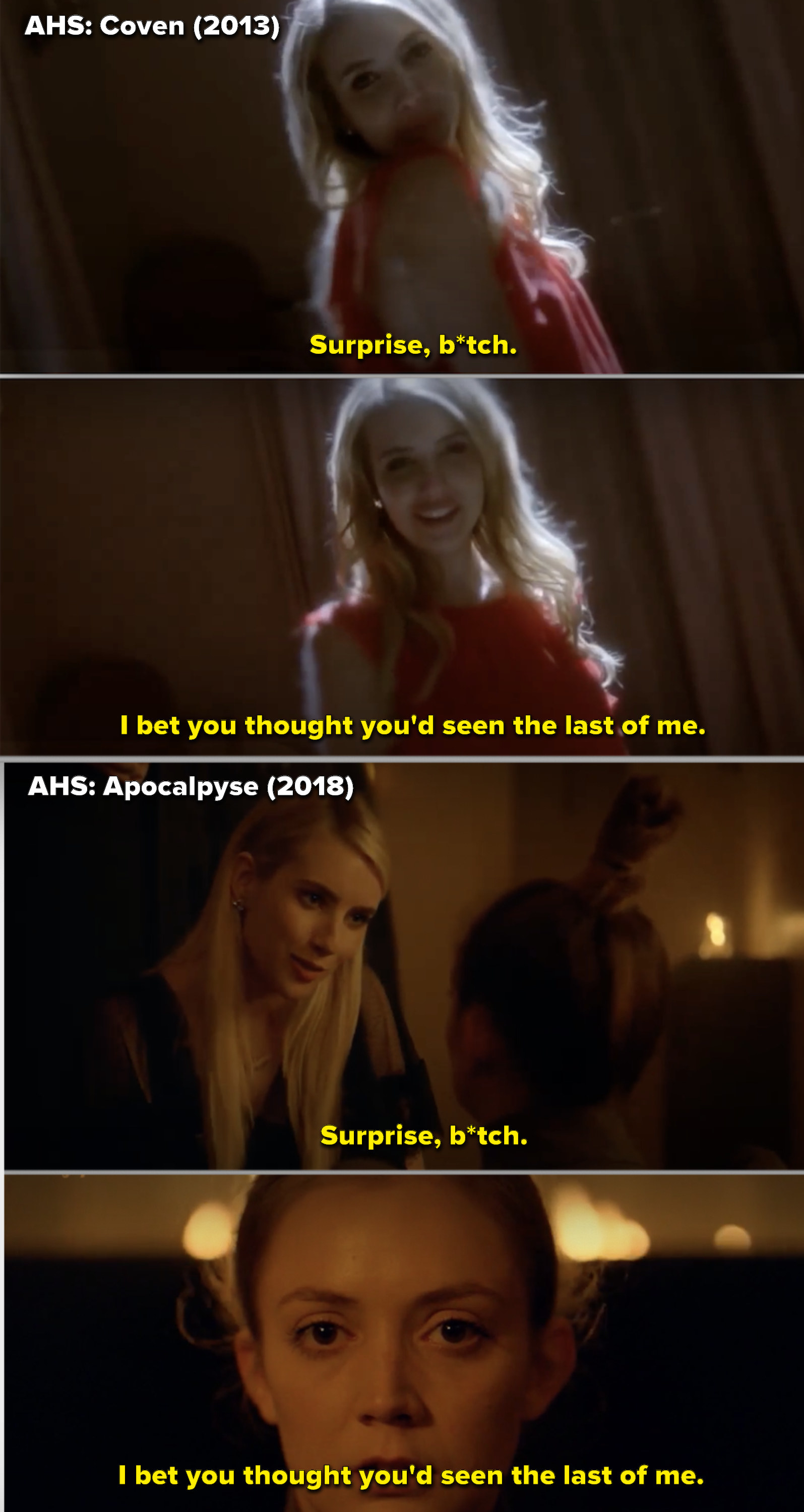 Side-by-side of Madison in her iconic red dress while talking to the Supreme in &quot;Coven,&quot; vs. Madison reappearing in &quot;Apocalypse&quot;