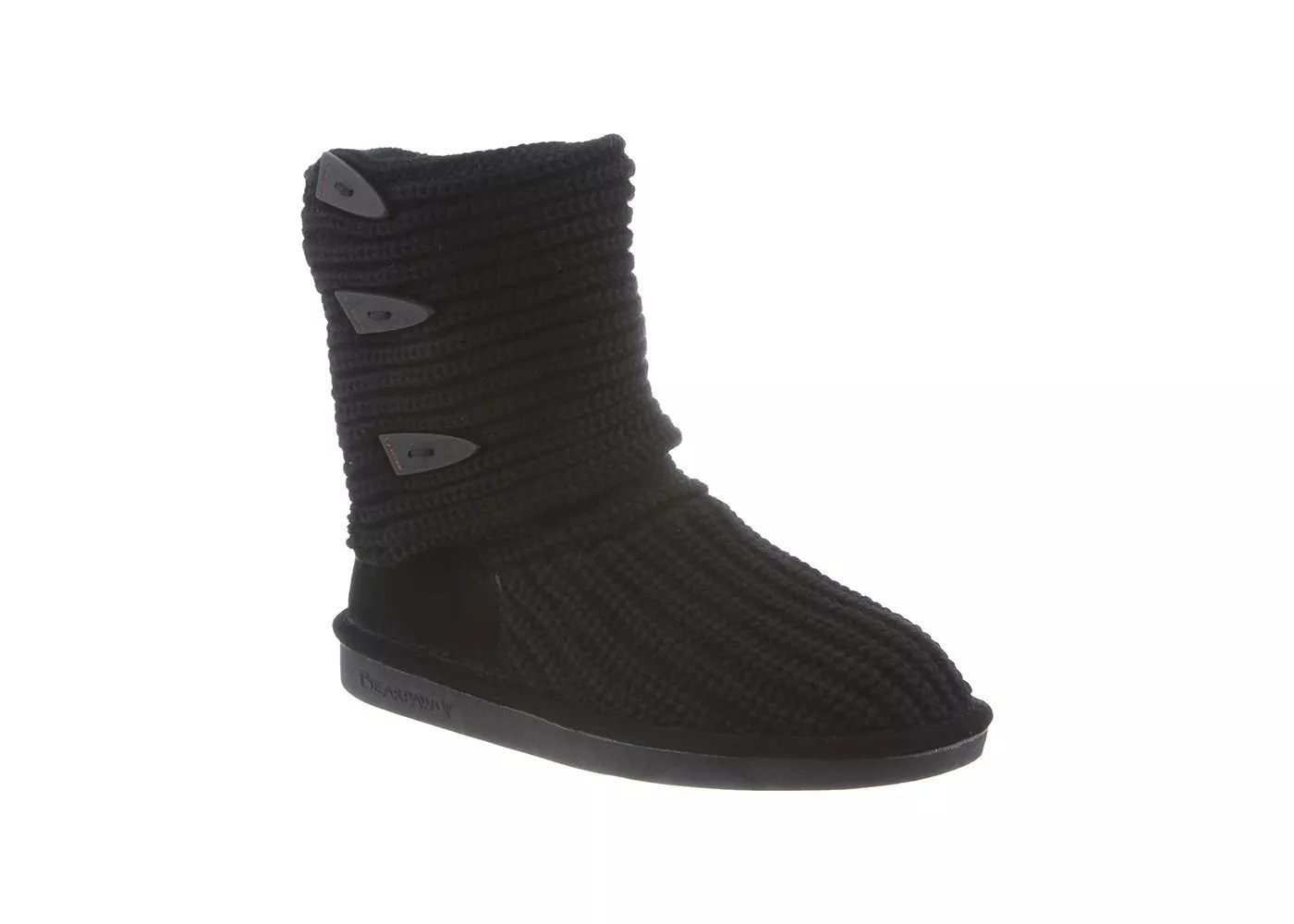 Black knit bootie with plastic tassels on the side 