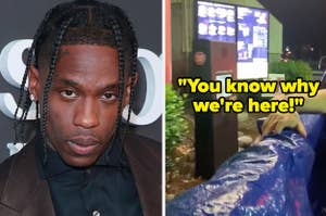 Travis Scott at an event and teens in a truck bed filled with water at the McDonald's drive thru yelling, "you know why we're here"