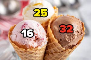 Cones of strawberry, vanilla, and chocolate ice cream with "16", "25" and "32" written on them