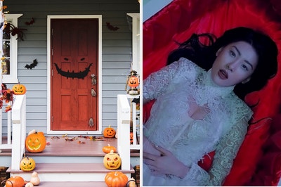 An image of the front of a house decorated for Halloween next to an image of Sunmi in a delicate lace dress in a coffin
