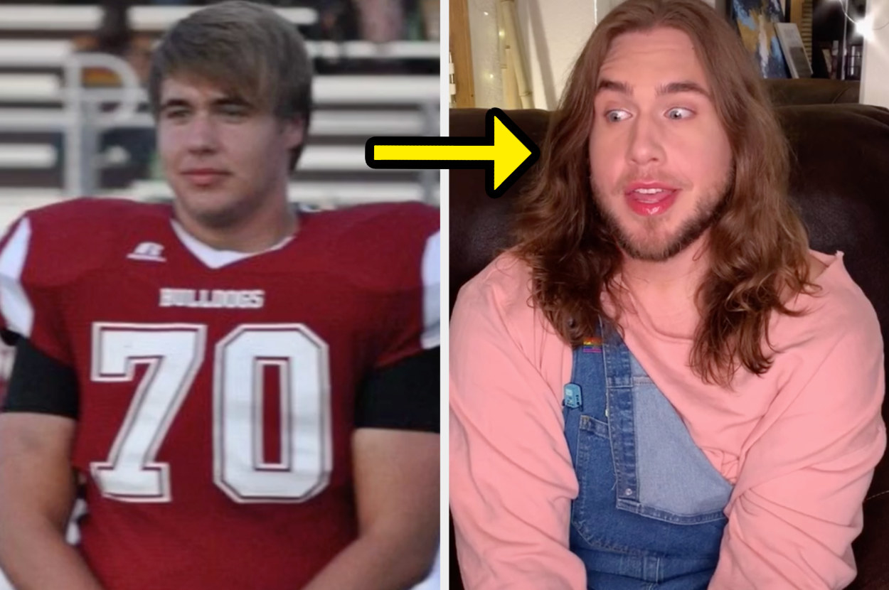 Mason wearing a football uniform on the left, and then wearing lipstick with his hair grown out long on the right.