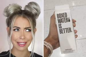 A woman with a "space buns" hairstyle and someone holding a carton of boxed water