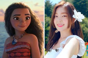 An image of Moana next to an image of Irene from Red Velvet