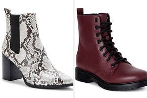 on the left, snakeskin boots and on the right, red combat boots 