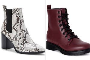 on the left, snakeskin boots and on the right, red combat boots 